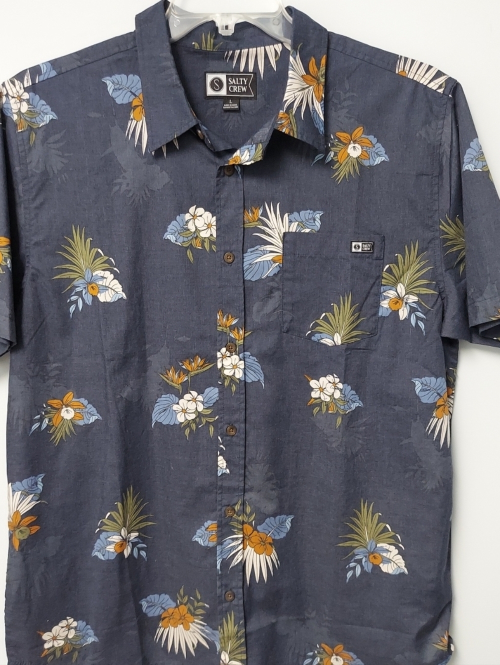 Salty Crew Navy Floral Hawaiian Button-Up Shirt with Blue and Yellow Accents